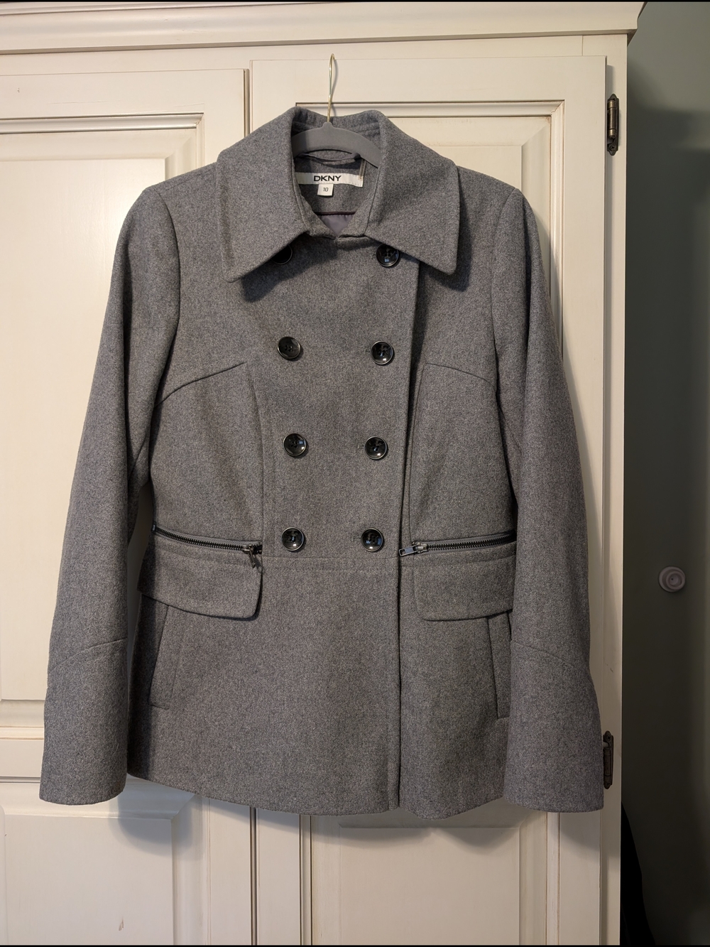DKNY Gray Double-Breasted Wool Blend Pea Coat